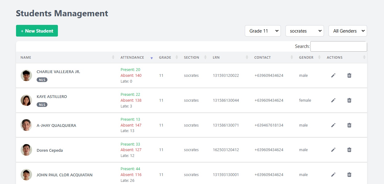 Student management interface